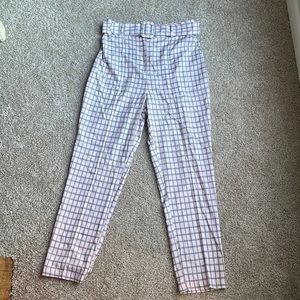 ASOS Design high waisted belted slim pink plaid trousers